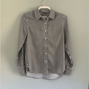 Pure Navy Black White Striped Button Front Blouse Size M Classic Collared Shirt